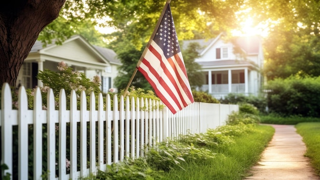 A white picket fence with a flag that says'american flag '