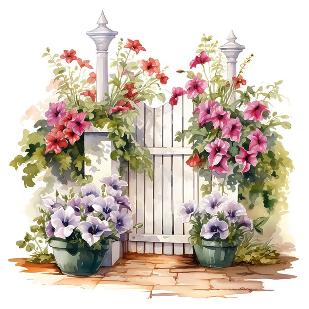 White Picket Gate With Flowering Pots Showcase Th Watercolor Gate Beauty Art on White Background