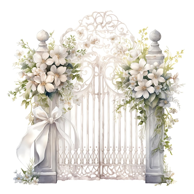 White Picket Gate With Lace Overlay Classic Whi Watercolor Gate Beauty Art on White Background