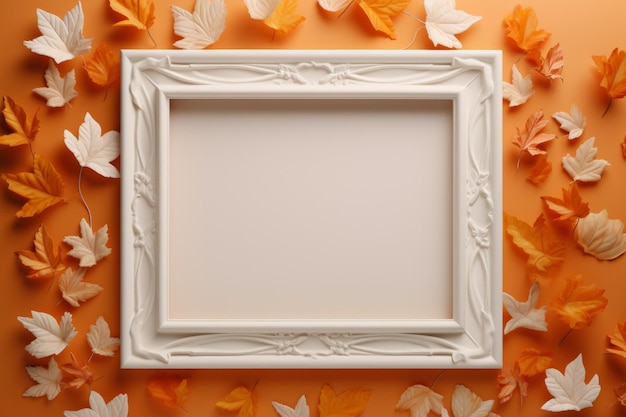 White picture frame autumn leaves Art design Generate Ai