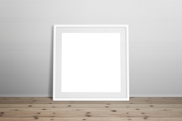 White picture frame mockup Isolated frame for art design presentation Frame leaning on white wall Wooden floor