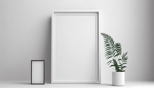 A white picture frame and a plant on a white wall