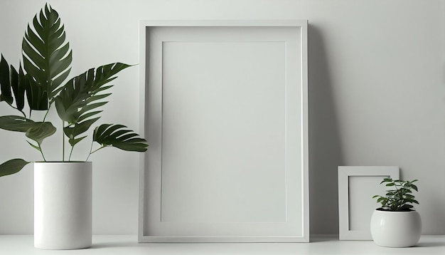 A white picture frame next to a plant with a green leaf.