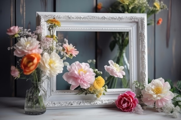 White picture frame surrounded with flowers generative AI