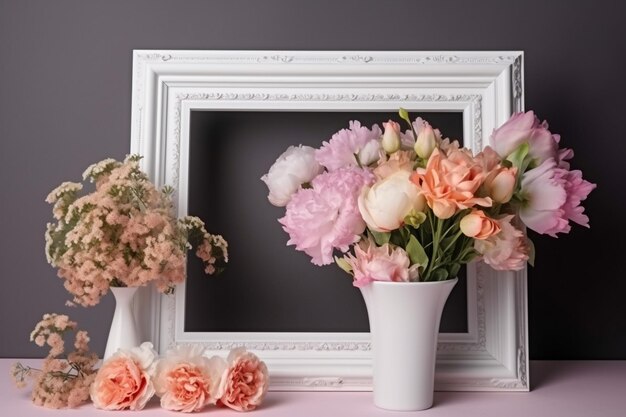 White picture frame surrounded with potted beautiful flowers