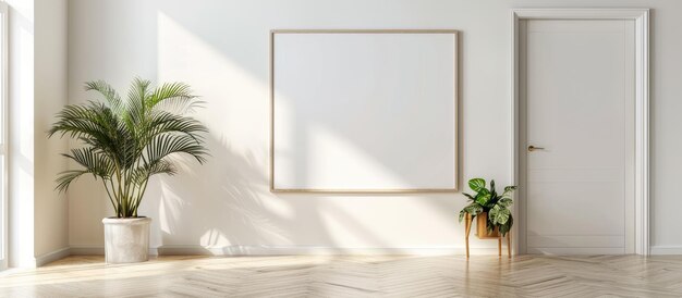 Of a white picture frame on a wall in a bright and simple modern interior