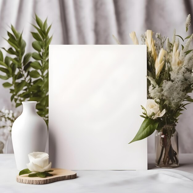 A white picture frame with a white flower in the middle of it.