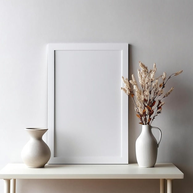 A white picture frame with a white frame and a white picture of a plant and flowers.