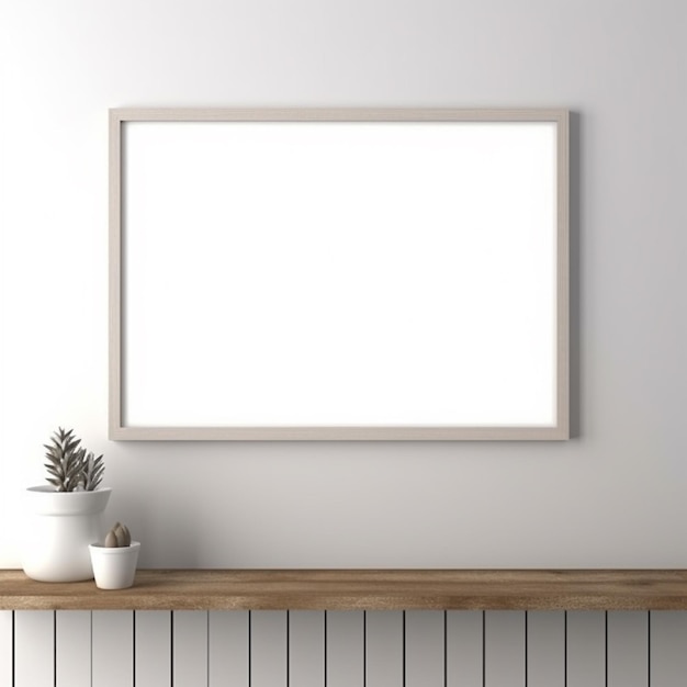 a white picture frame on a wooden shelf next to a potted plant generative ai