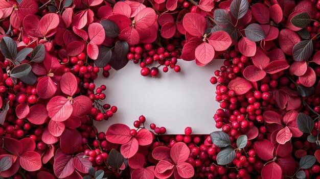 a white piece of paper surrounded by a bed of red berries