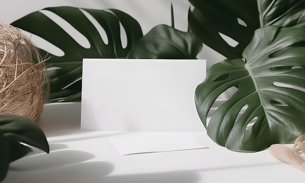 A white piece of paper with a green leaf behind it.