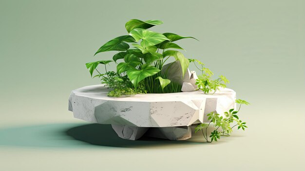 a white piece of stone with green plants and a round table in the style of low poly