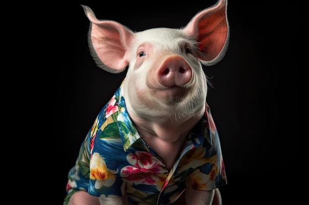 A white pig posing in a Hawaiian shirt in the style of conceptual portraiture with a dark background Generative AI