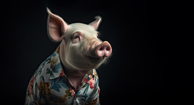 A white pig posing in a Hawaiian shirt in the style of conceptual portraiture with a dark background Generative AI