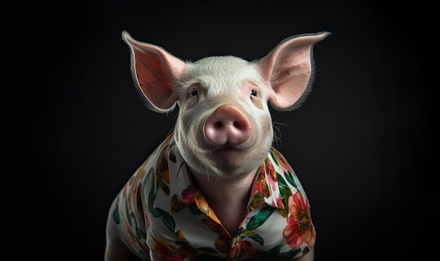 A white pig posing in a Hawaiian shirt in the style of conceptual portraiture with a dark background Generative AI