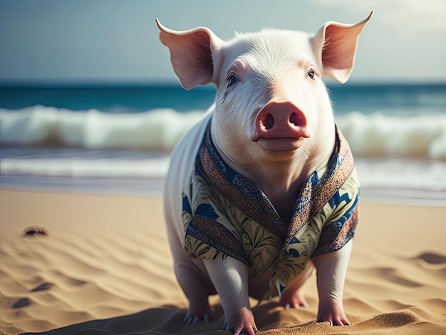 A white pig posing in a Hawaiian shirton ai generative