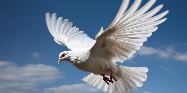 화창한 날 오순절 월요일 배경에서 태양 빛과 푸른 하늘 배경 뒤에 비행 흰색 비둘기