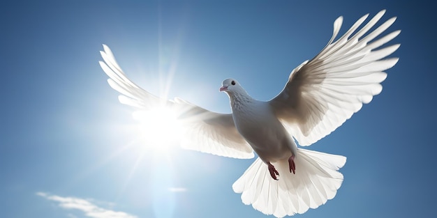 white pigeon flying behind blue sky background with sun light at sunny day