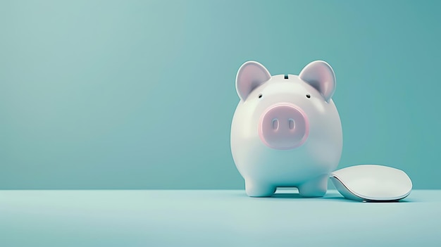 White piggy bank beside a computer mouse on a pastel blue background