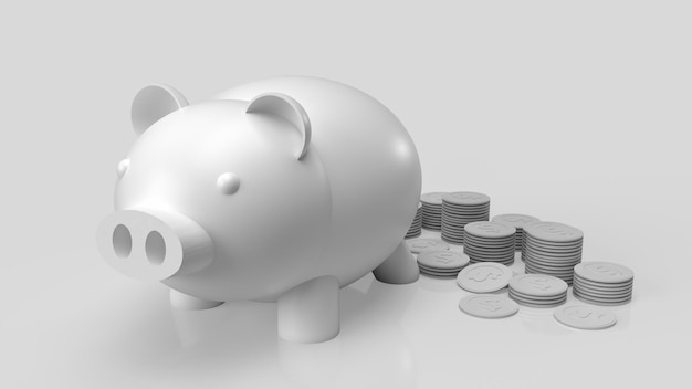 명확한 배경 3d 렌더링에 흰색 돼지 저금통과 동전