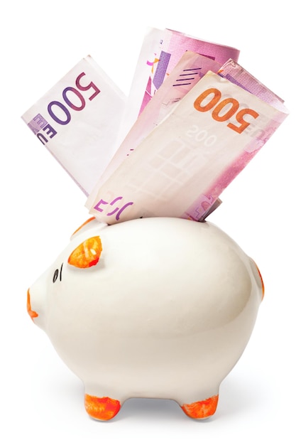 White piggy bank stuffed with euro