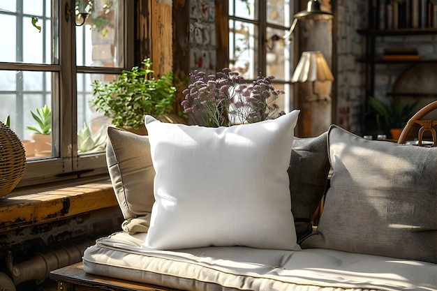 白い枕はソファの上に太陽のパティオで フォトリアリズムな構成で