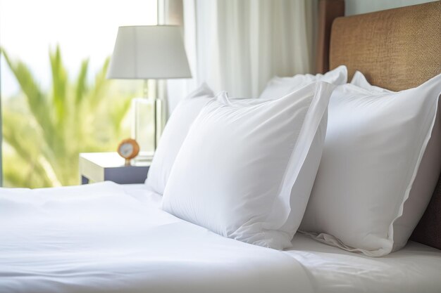 White pillow on hotel bedroom bed providing comfort and enhancing interior decor