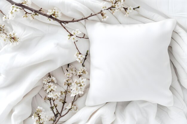 white pillow mockup on white bed