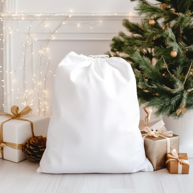 a white pillow sits on the floor next to a christmas tree