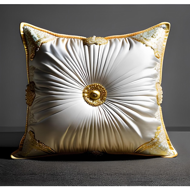 A white pillow with gold and white trim and a flower design on it.