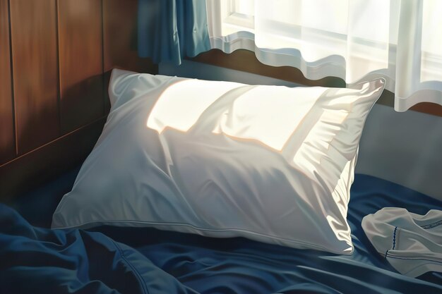 Photo a white pillow with a white pillow on it and a blue curtain