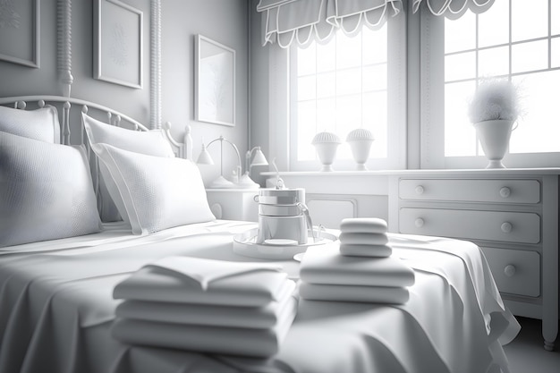 高級ホテルのベッドに置かれた白い枕 AIが生成したニューラルネットワーク