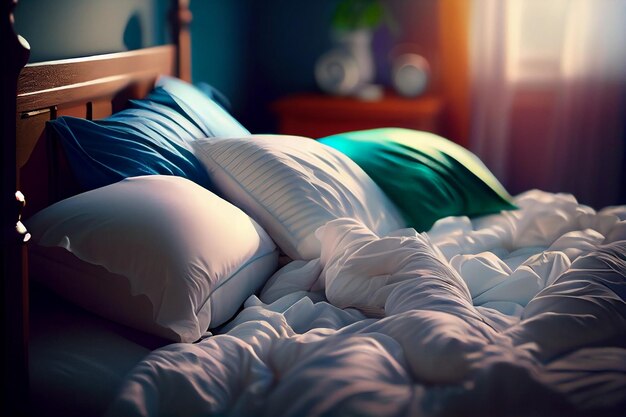 White pillows on the bed in the morning generative ai