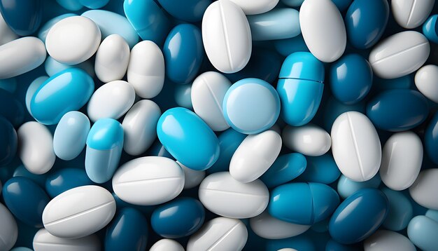 White pills on blue background