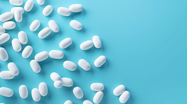 White pills on blue background