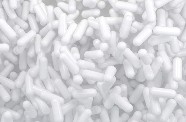 White pills capsule background. 3d illustration.