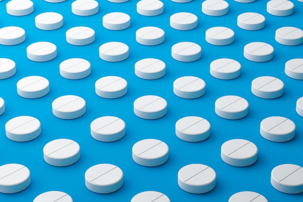 White pills of many painkillers with a pattern on a medical blue surface. Tablet pills for alleviating illness or fever. 3D rendering.