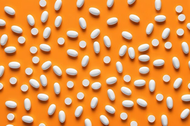 White pills scattered on an orange background Isolated Top view