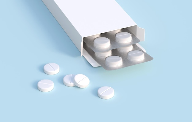 White pills in two blister packs in cardbox packaging Mockup template 3d rendering