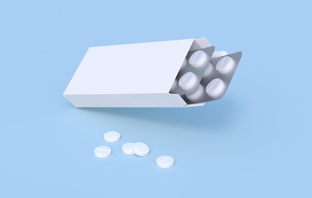 White pills in two blister packs in cardbox packaging Mockup template 3d rendering