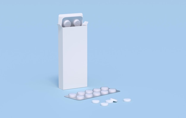 White pills in two blister packs in cardbox packaging Mockup template 3d rendering