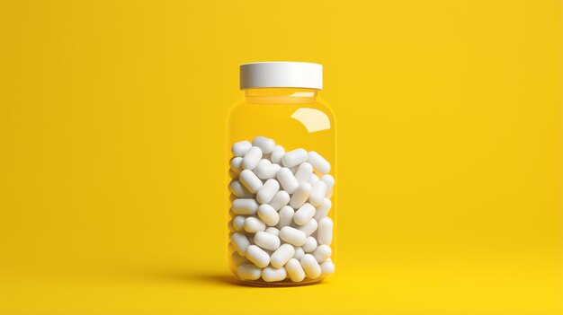 White pills in yellow bottle isolated on a white background