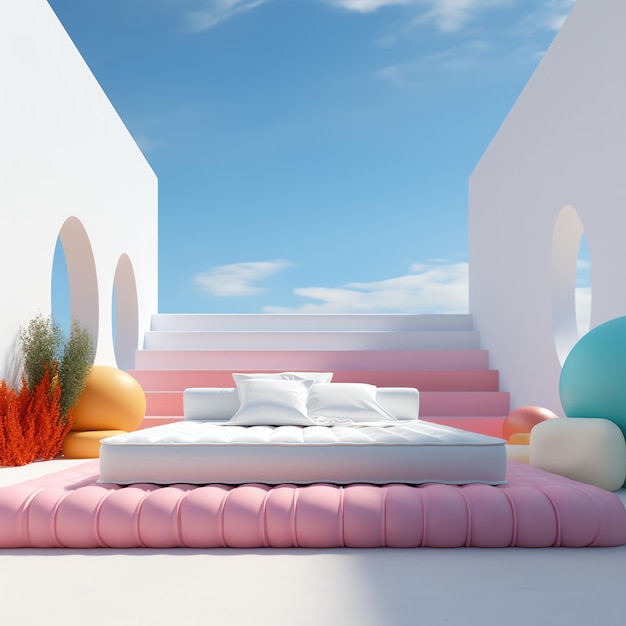 カラフルなボールとピンクの敷物が付いた白とピンクのベッド