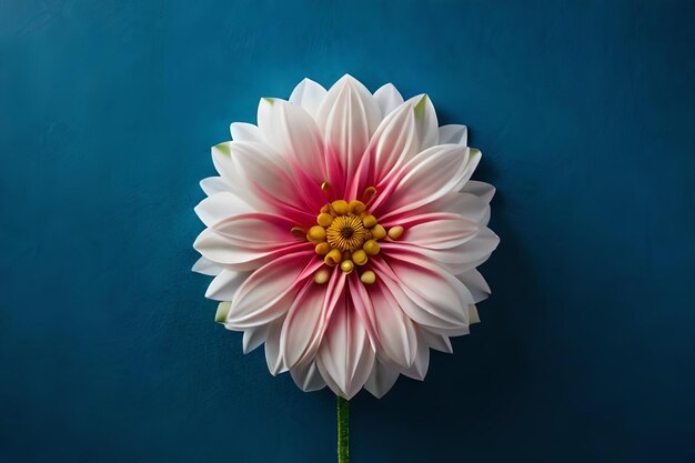 A white and pink daisy against a blue background