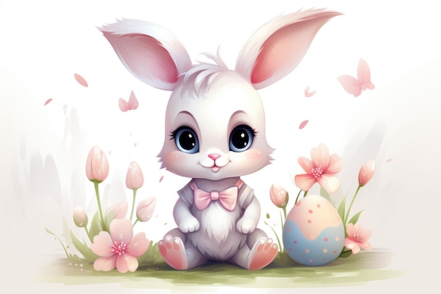 White pink Easter bunny in a cartoon style is seated in a meadow near decorated Easter egg