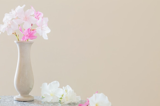 White and pink flowers in vase on beige background