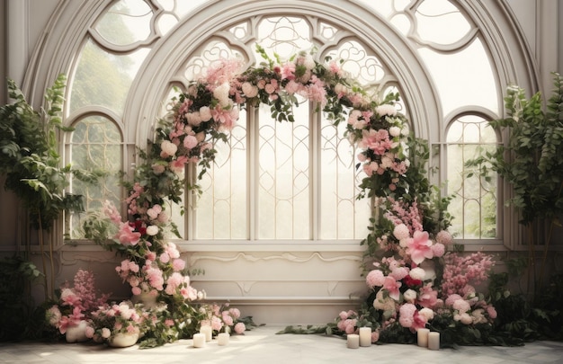 white and pink garden arch wedding