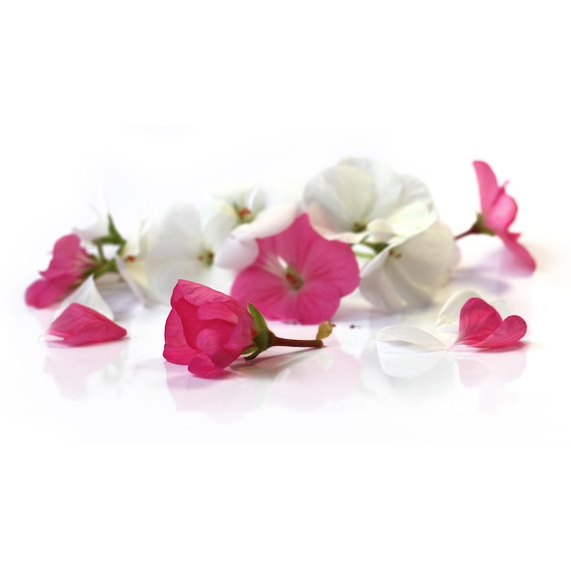 Перспектива белой розовой герани свежие нежные цветы и лепестки пеларгонии, изолированные на фоне альбома для вырезок