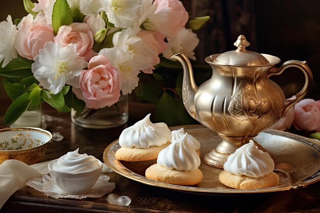 Фото Белые розовые печенья чайная чашка и цветы традиционный биск merengues печеный бисквитный крем