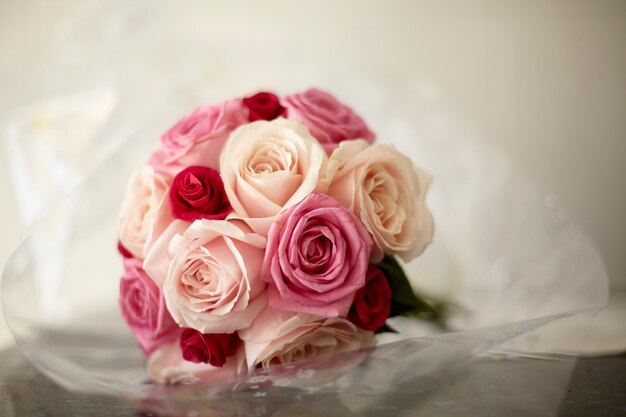 White, pink and red roses bouquet of flowers